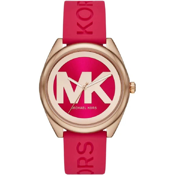 Michael Kors Janelle women's watch with red dial, white MK logo, rose-tone case, and red rubber strap