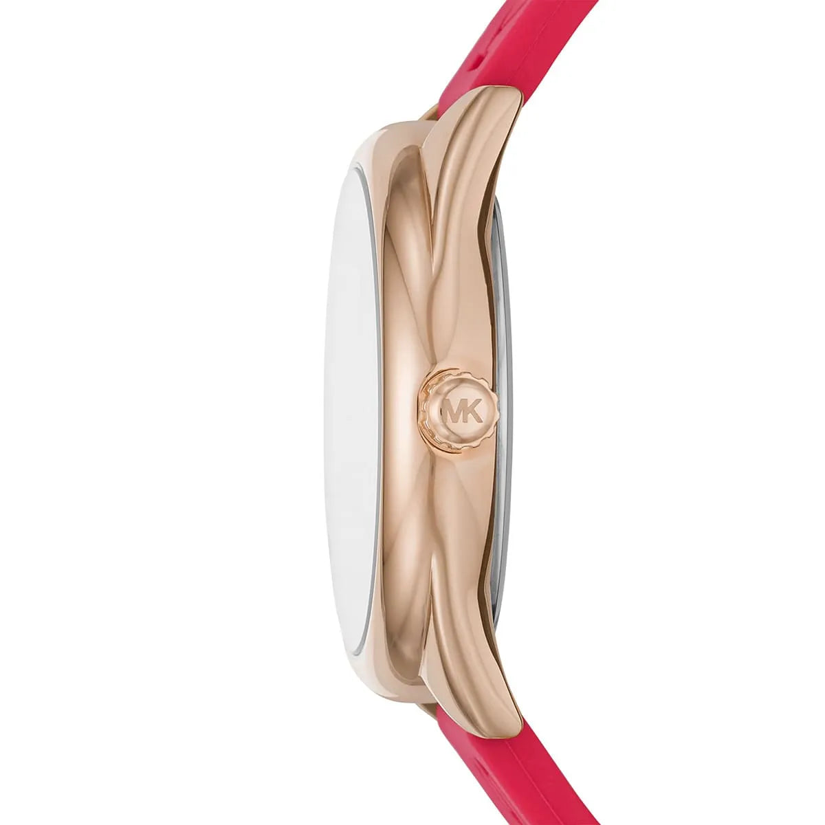Michael Kors Janelle watch side profile showing rose-tone case and red rubber strap