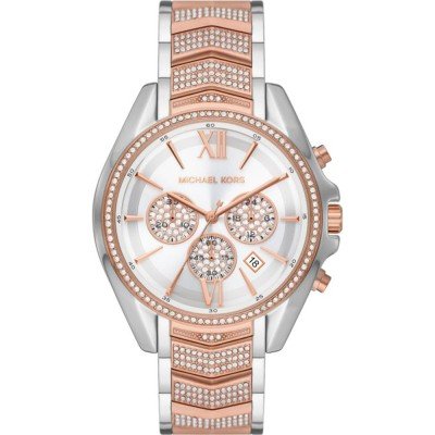 Michael Kors MK7225 Whitney watch with two-tone rose gold and silver case, crystal-studded bezel, white dial, and rose gold and silver bracelet