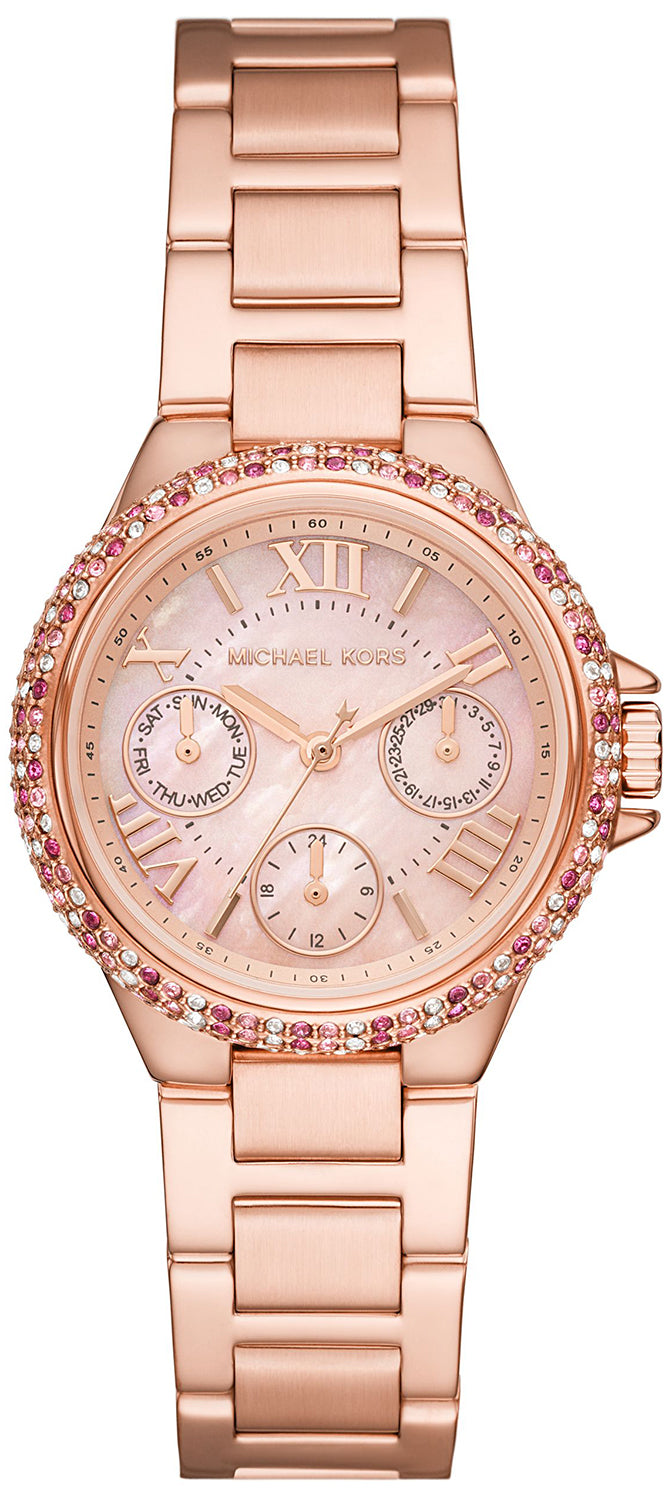 Michael Kors Mini Camille multifunction watch with pink mother-of-pearl dial and rose gold-tone case