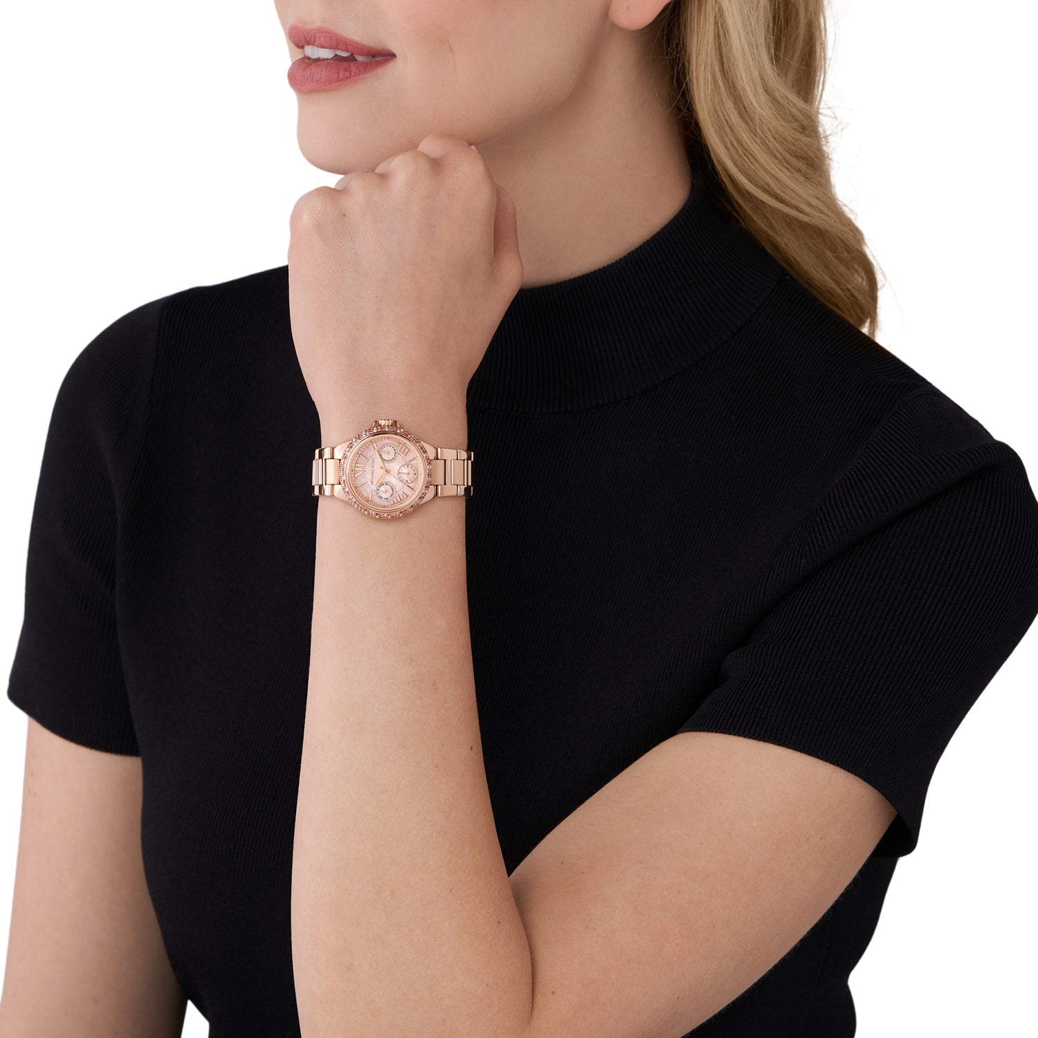Michael Kors Mini Camille MK7273 watch worn on wrist with pink mother-of-pearl dial