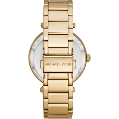 Michael Kors MK7283 Parker watch caseback showing brand name and gold bracelet