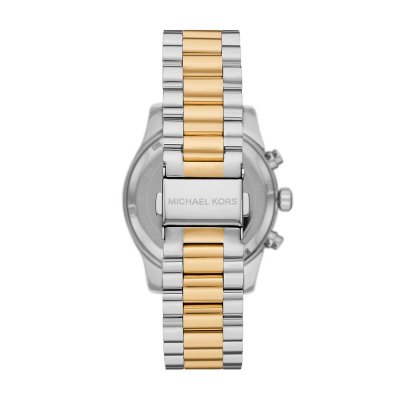 Michael Kors MK7303 Lexington watch caseback view showing stainless steel and gold-tone bracelet
