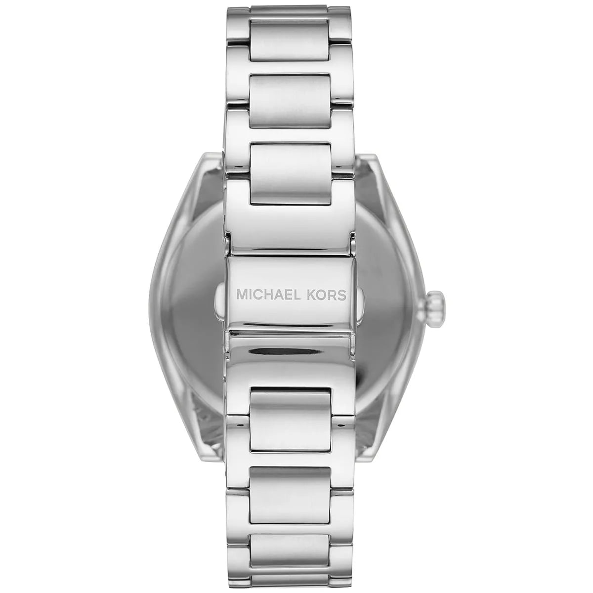 Back view of Michael Kors Janelle watch case showing MICHAEL KORS branding on stainless steel caseback