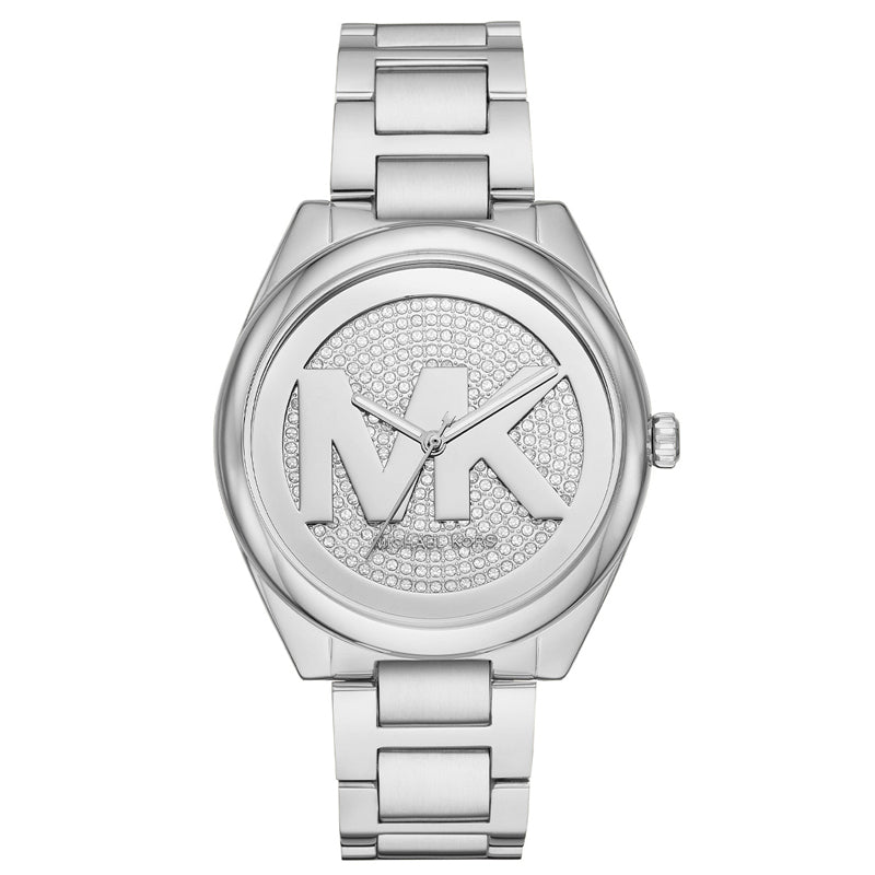 Michael Kors Janelle women's watch with silver dial featuring MK logo and crystal detailing, silver stainless steel strap