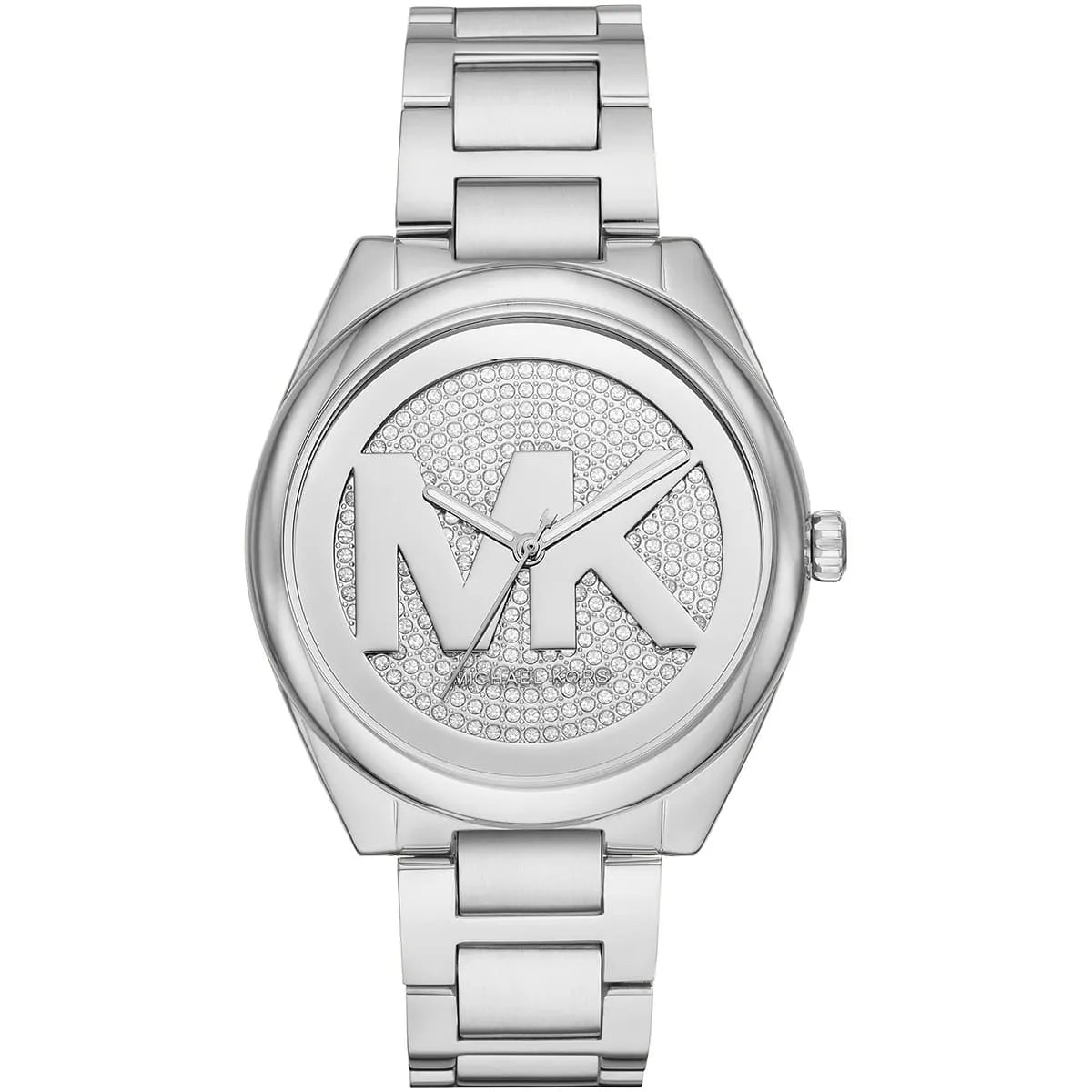 Michael Kors Janelle quartz watch with MK logo and crystal-embellished silver dial, metal stainless steel bracelet