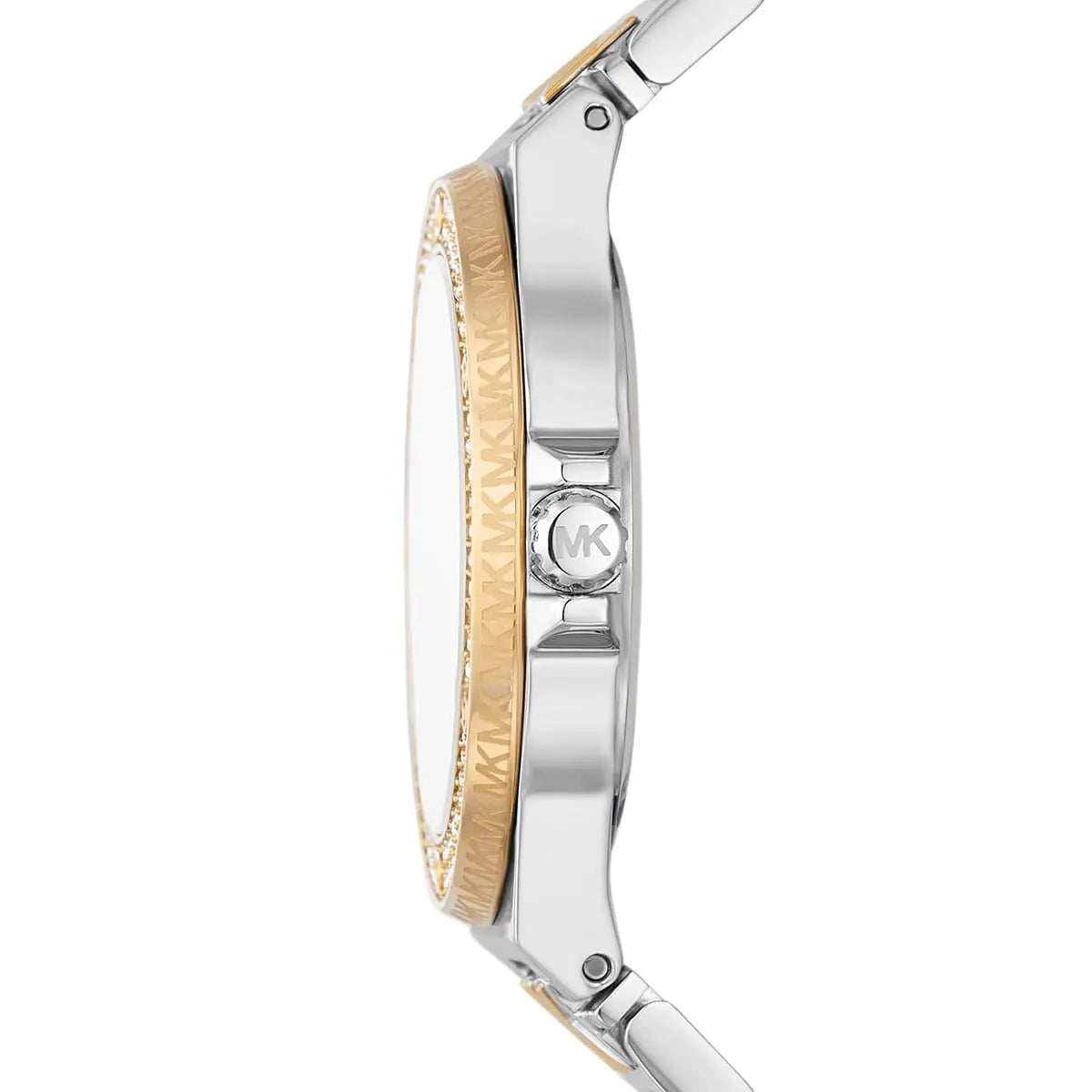 MK7338 watch side view showing crystal-adorned bezel and two-tone case design