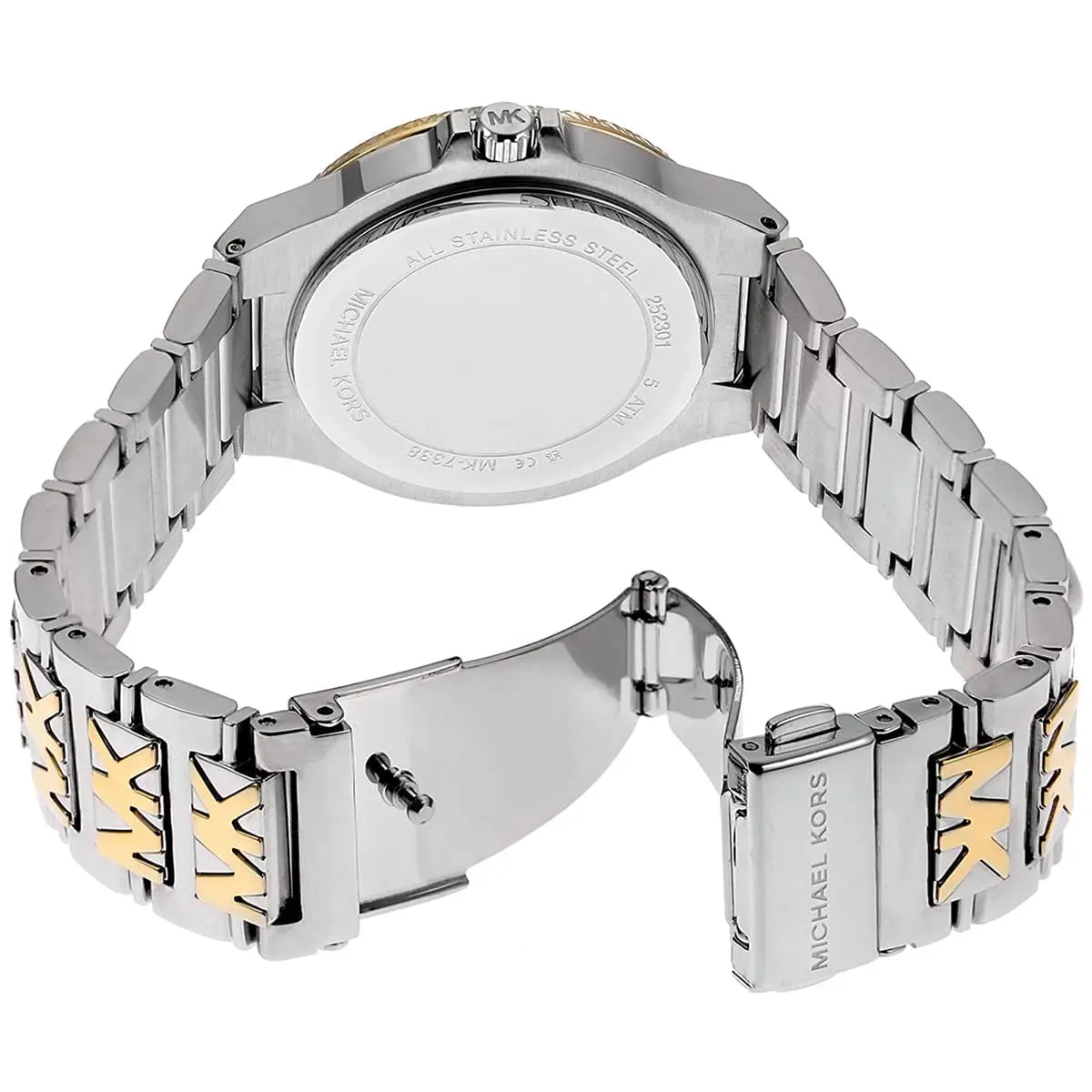 MK7338 watch caseback and two-tone link bracelet with logo clasp