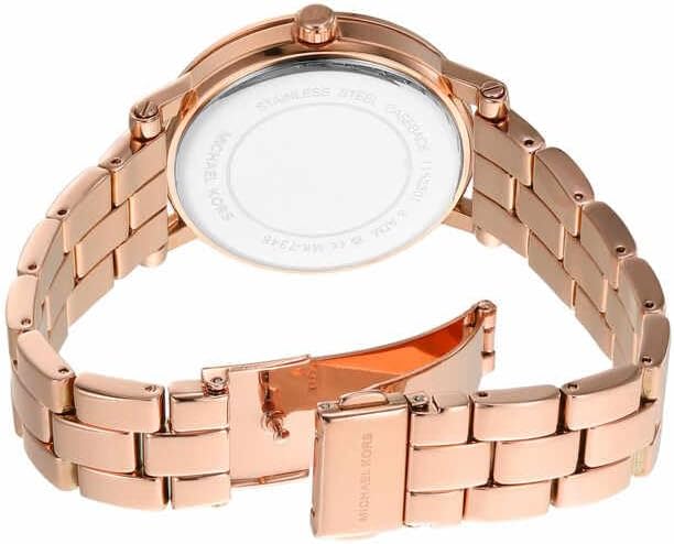 Michael Kors MK7346 caseback showing rose gold stainless steel bracelet and clasp