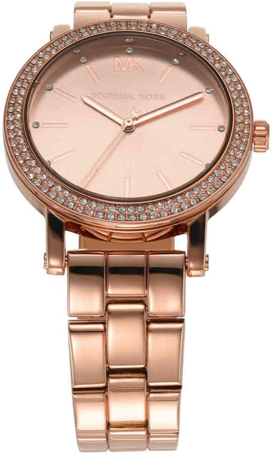Close-up of Michael Kors MK7346 dial with crystal-studded bezel and rose gold bracelet
