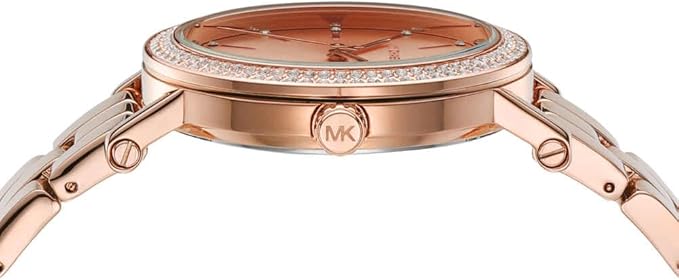 Side profile view of Michael Kors MK7346 rose gold case and link bracelet