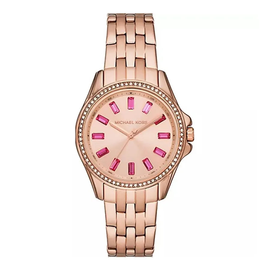 Michael Kors Mini Pilot Pavé rose gold women's watch with pink crystal hour markers and diamond bezel