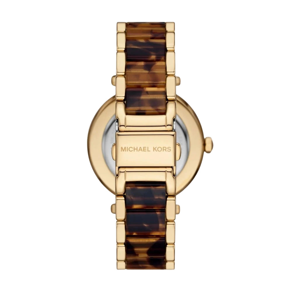 Michael Kors MK7369 caseback showing tortoiseshell and gold stainless steel bracelet