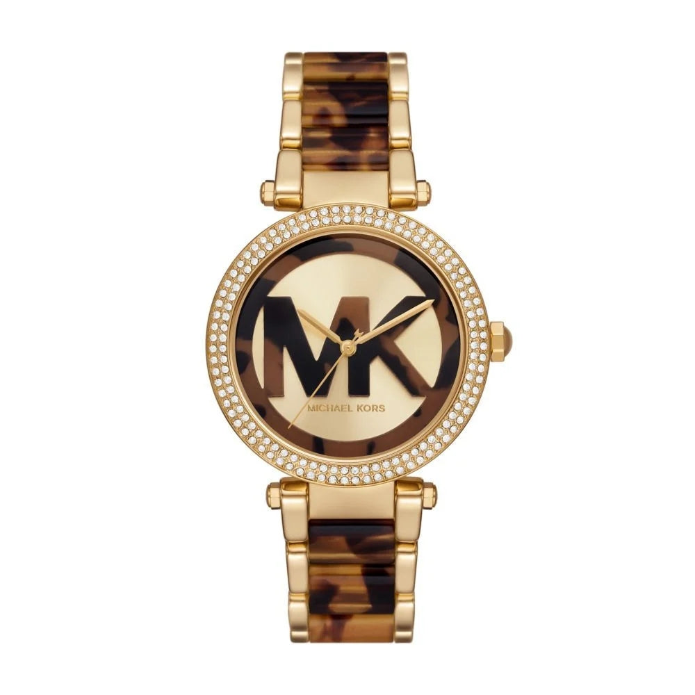 Michael Kors MK7369 gold women's watch with tortoiseshell strap and crystal-set bezel