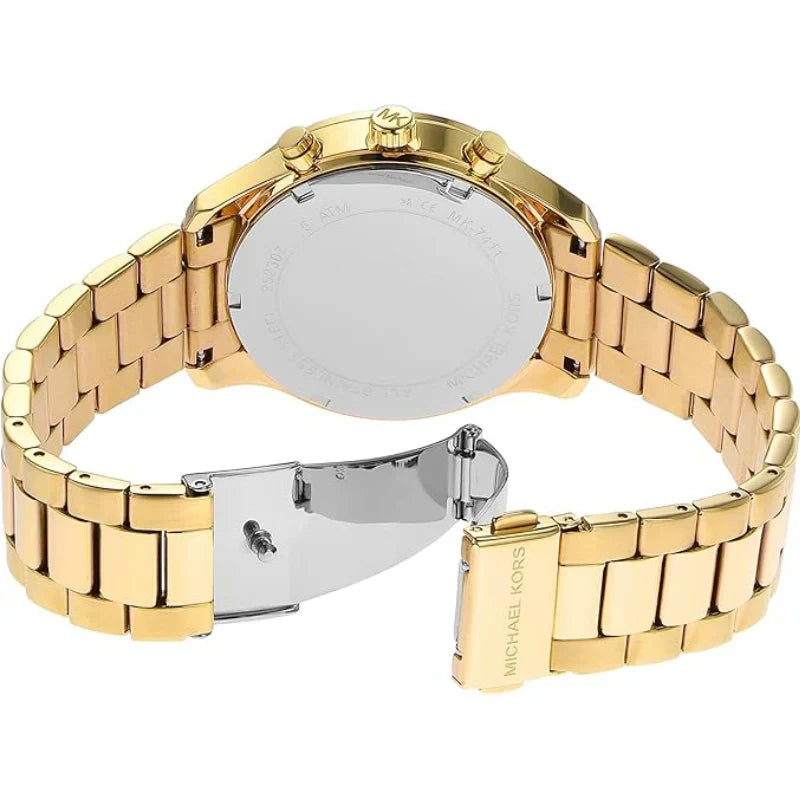 Back view of Michael Kors MK7411 gold bracelet and case with fold-over clasp