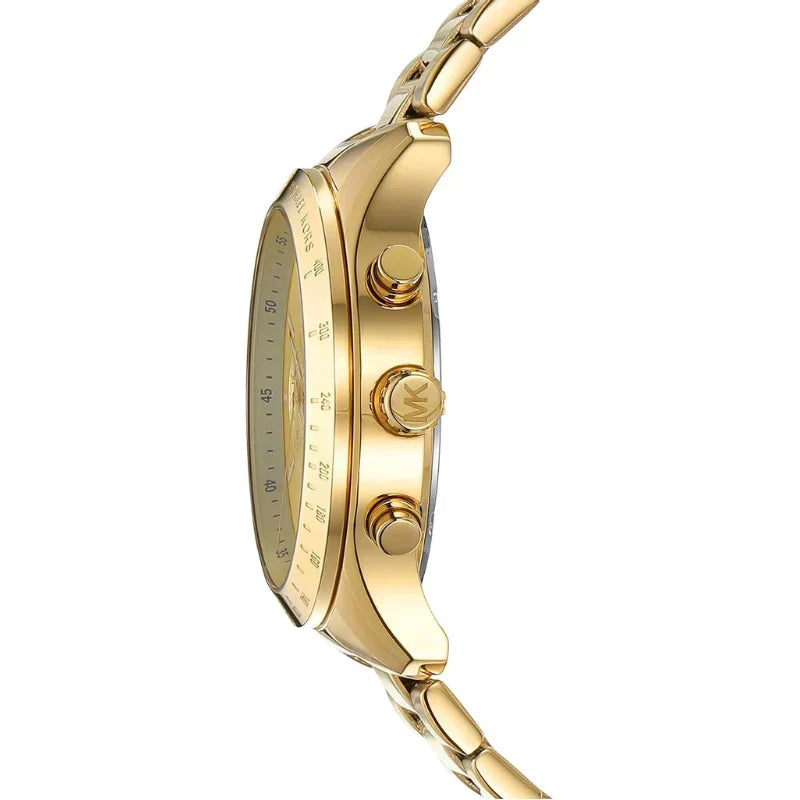 Side profile of Michael Kors MK7411 showing gold case, chronograph pushers, and bracelet