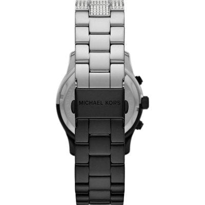 Michael Kors MK7433 Runway watch caseback showing stainless steel bracelet and black links