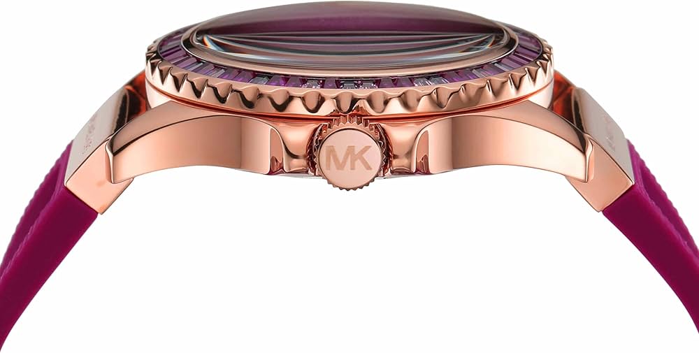 Side angle of Michael Kors Everest watch showing rose gold case and pavé crystal bezel detail