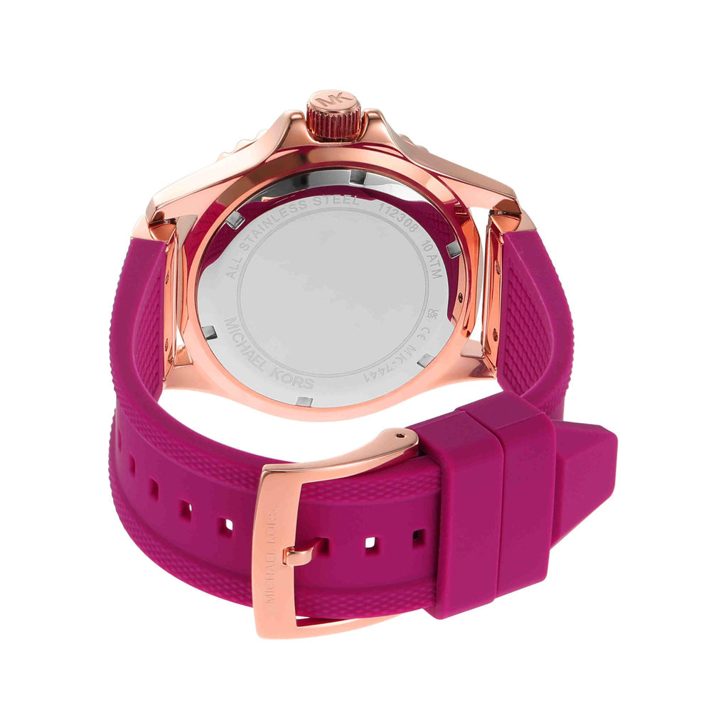 Michael Kors Everest watch caseback showing fuchsia silicone strap and rose gold buckle