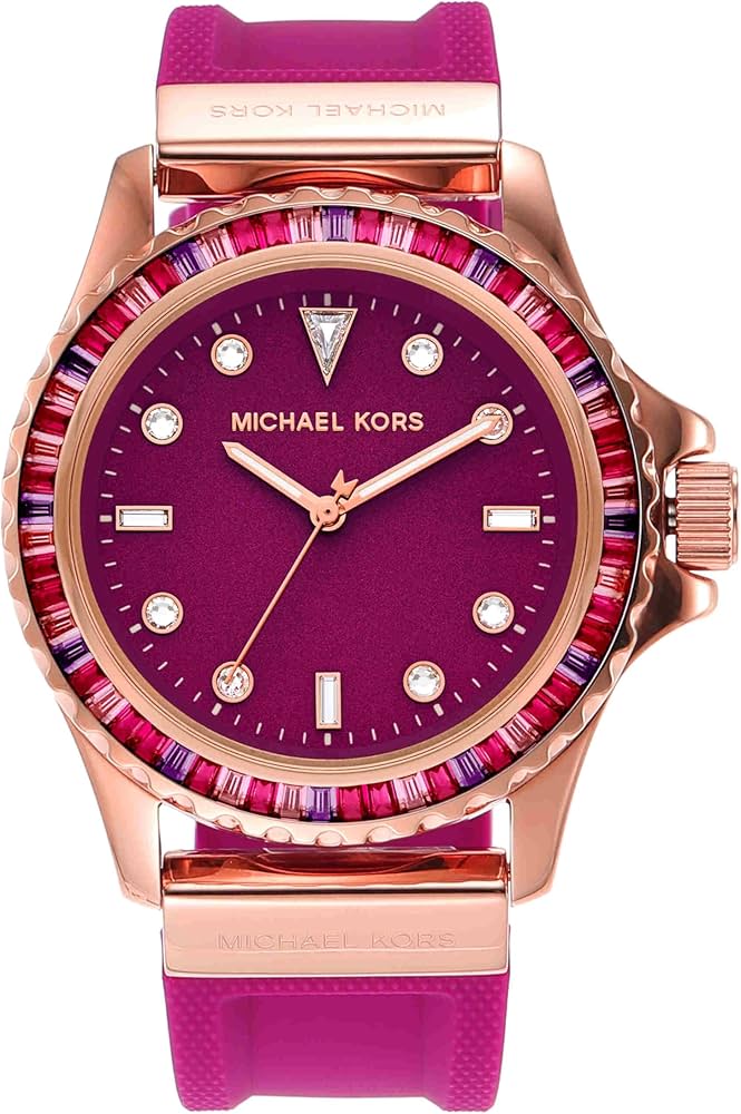 Michael Kors Everest watch with fuchsia silicone strap, rose gold case, and pavé crystal bezel