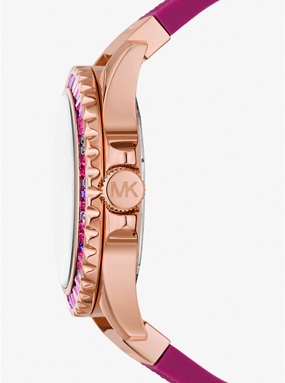 Side profile of Michael Kors Everest watch with fuchsia silicone strap and rose gold case
