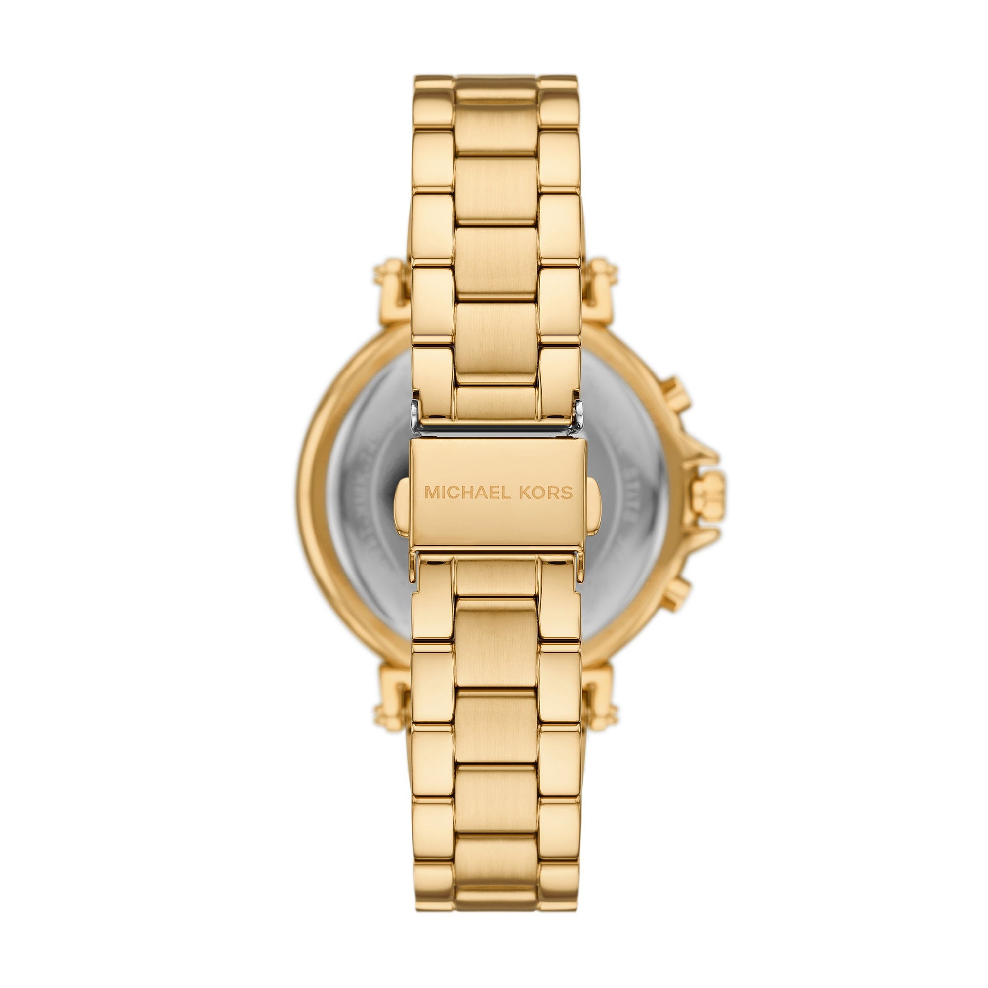 Michael Kors Maren MK7493 caseback showing gold-tone stainless steel and branding