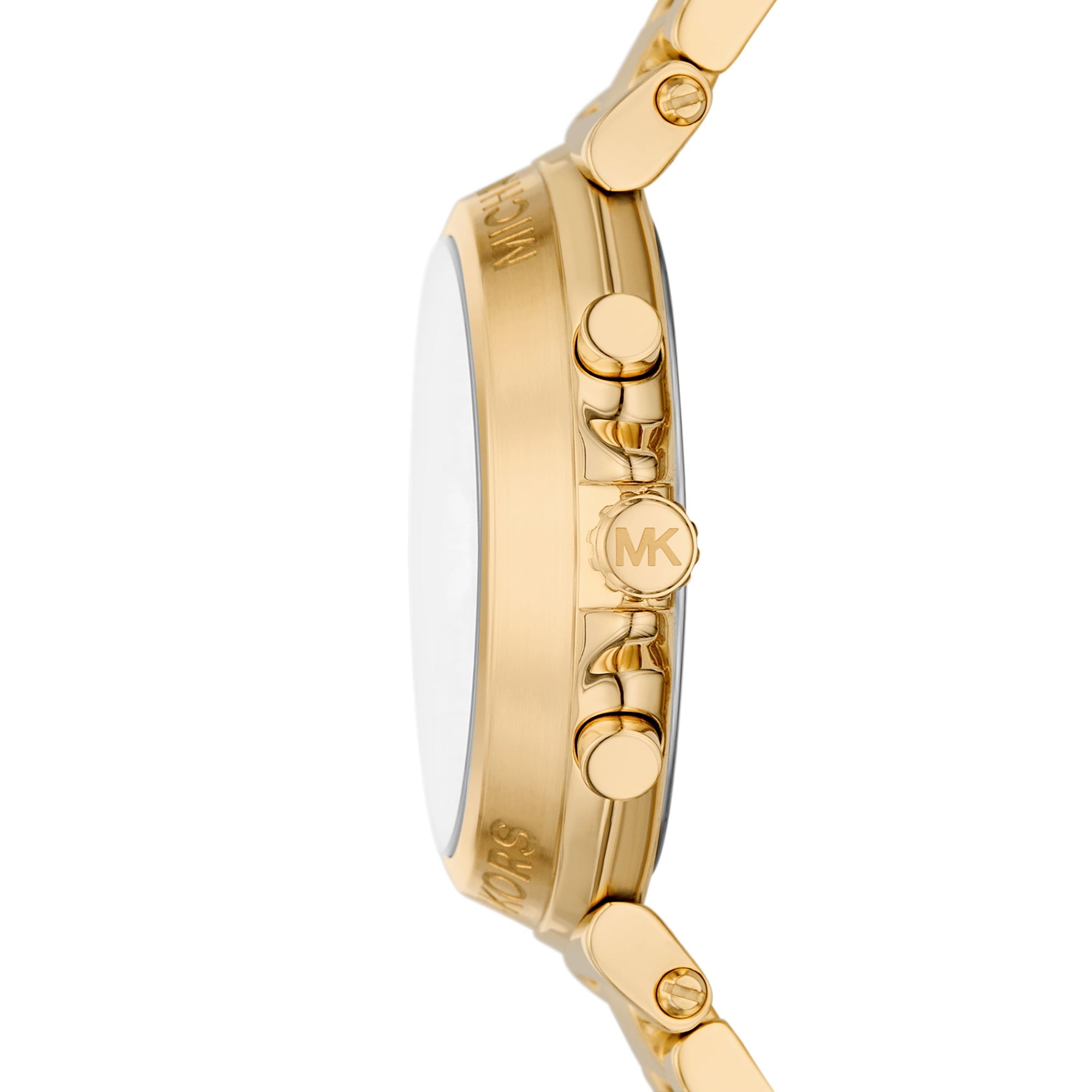 Michael Kors Maren MK7493 side view showing gold-tone case profile and chronograph pushers