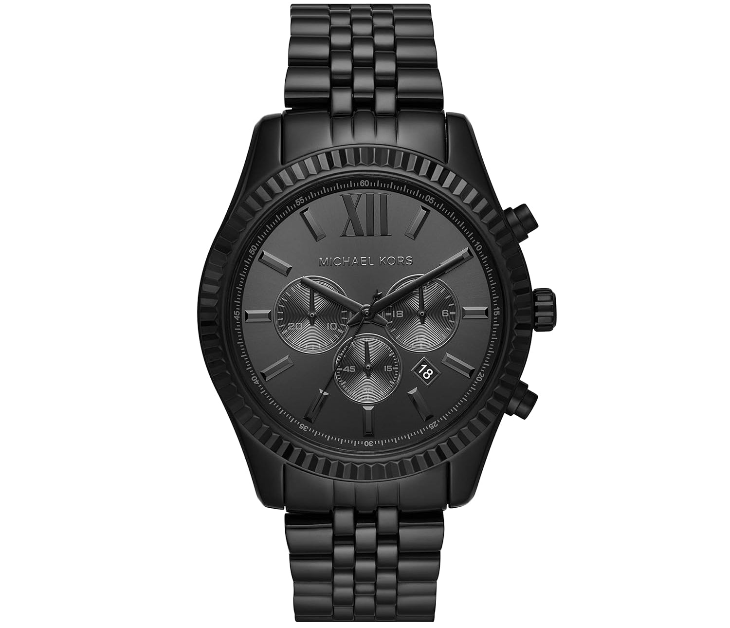 Michael Kors black stainless steel chronograph watch with Roman numeral dial and matching bracelet
