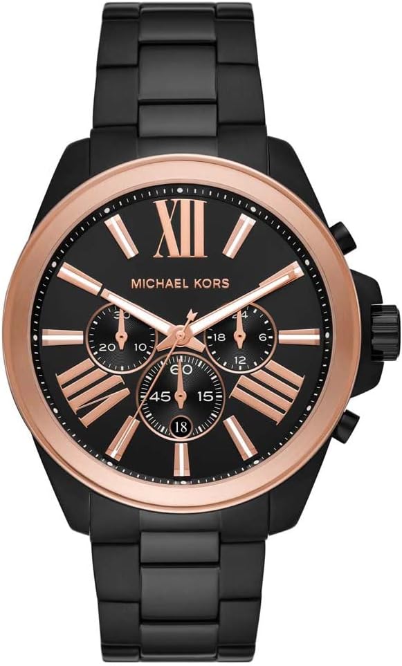 Michael Kors MK8933 chronograph watch with rose gold bezel, black dial, and black bracelet, front view