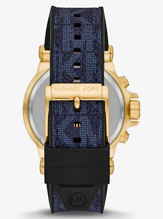 Michael Kors MK8936 watch showing gold case back and blue silicone strap detail