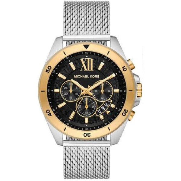 Michael Kors MK8961 Brecken men's chronograph watch with two-tone case, black dial, and mesh strap