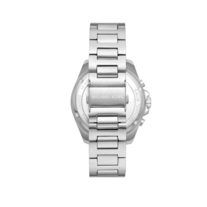 Michael Kors Brecken MK8984 watch caseback view with silver bracelet