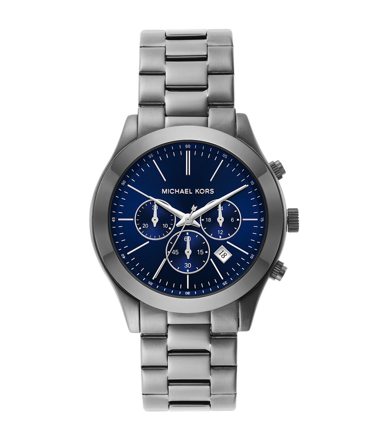 Michael Kors Slim Runway Chronograph gunmetal watch with blue dial and three subdials