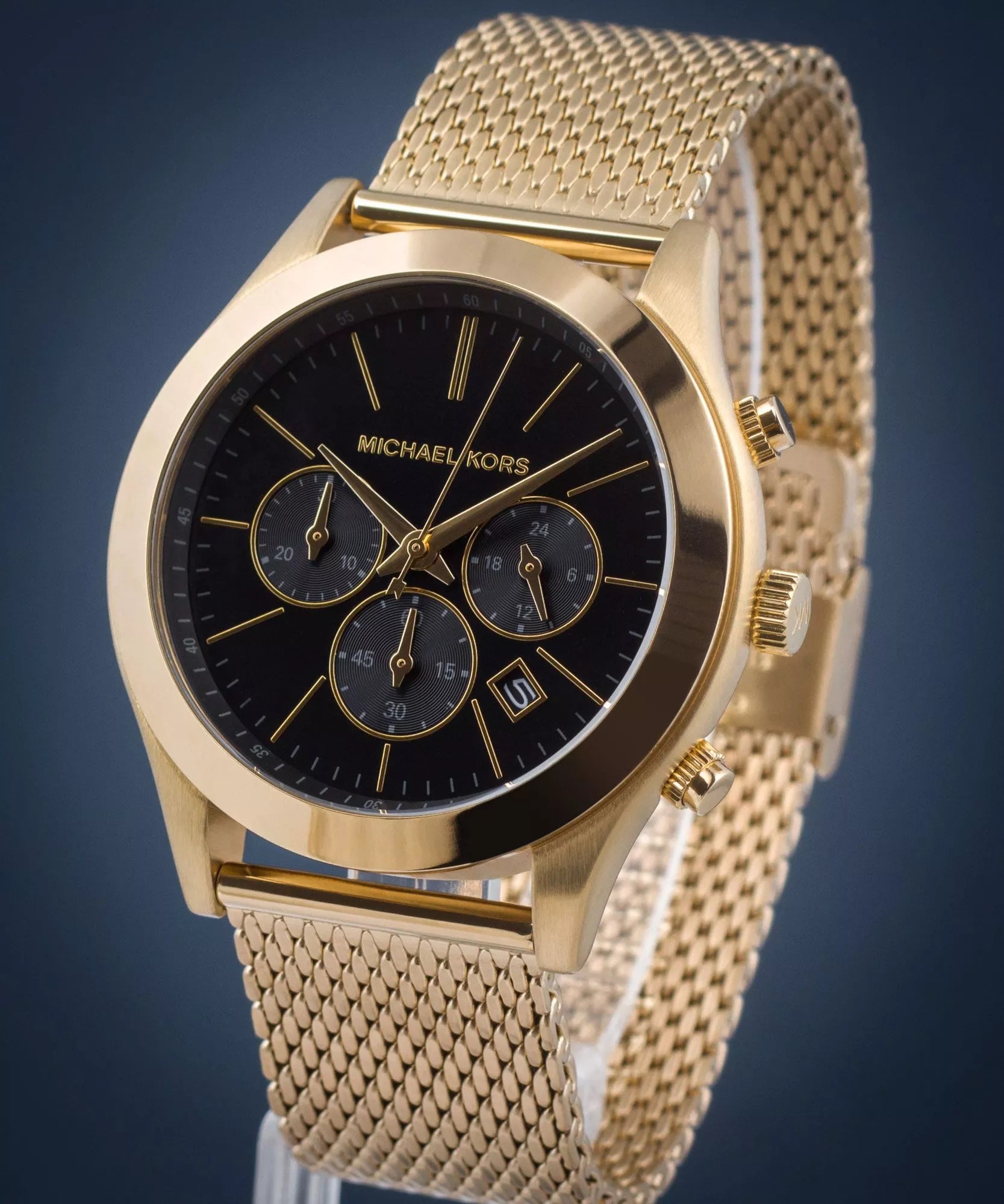 Angled view of Michael Kors Slim Runway chronograph with black dial and gold case