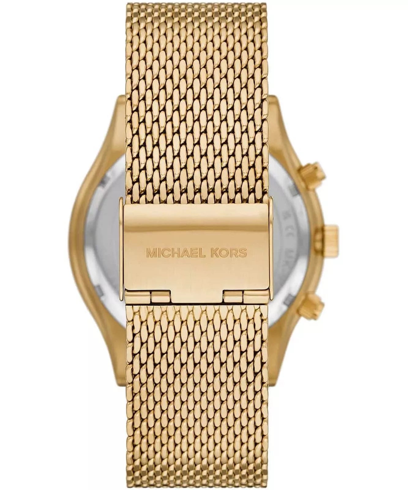 Back view of Michael Kors MK9057 watch showing gold mesh strap and clasp