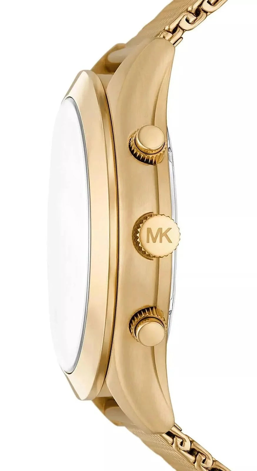 Side view of Michael Kors MK9057 chronograph watch showing gold case profile