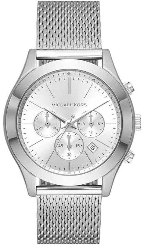 Michael Kors Slim Runway silver chronograph watch with white dial and three subdials