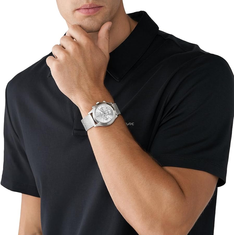 Michael Kors Slim Runway chronograph watch worn on wrist with silver mesh strap