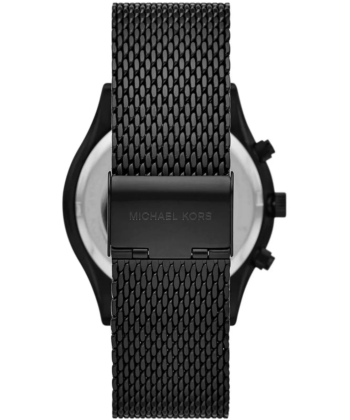 Michael Kors MK9060 caseback view showing black mesh strap