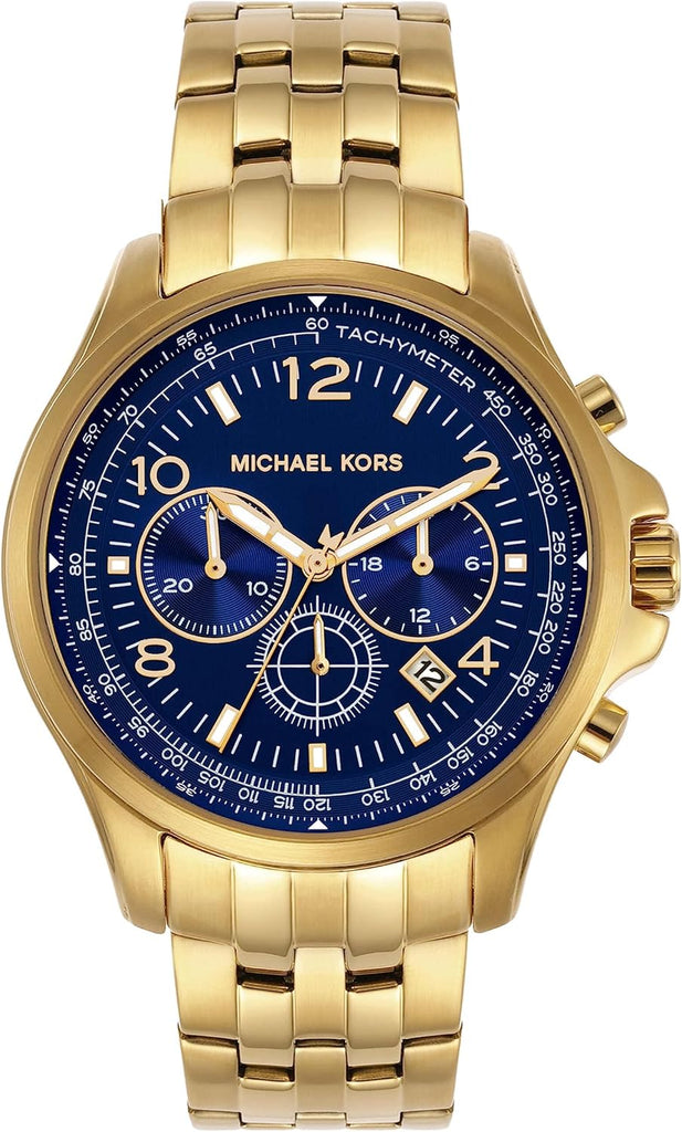Michael Kors MK9125 chronograph watch with blue dial, gold-tone case and bracelet, front view