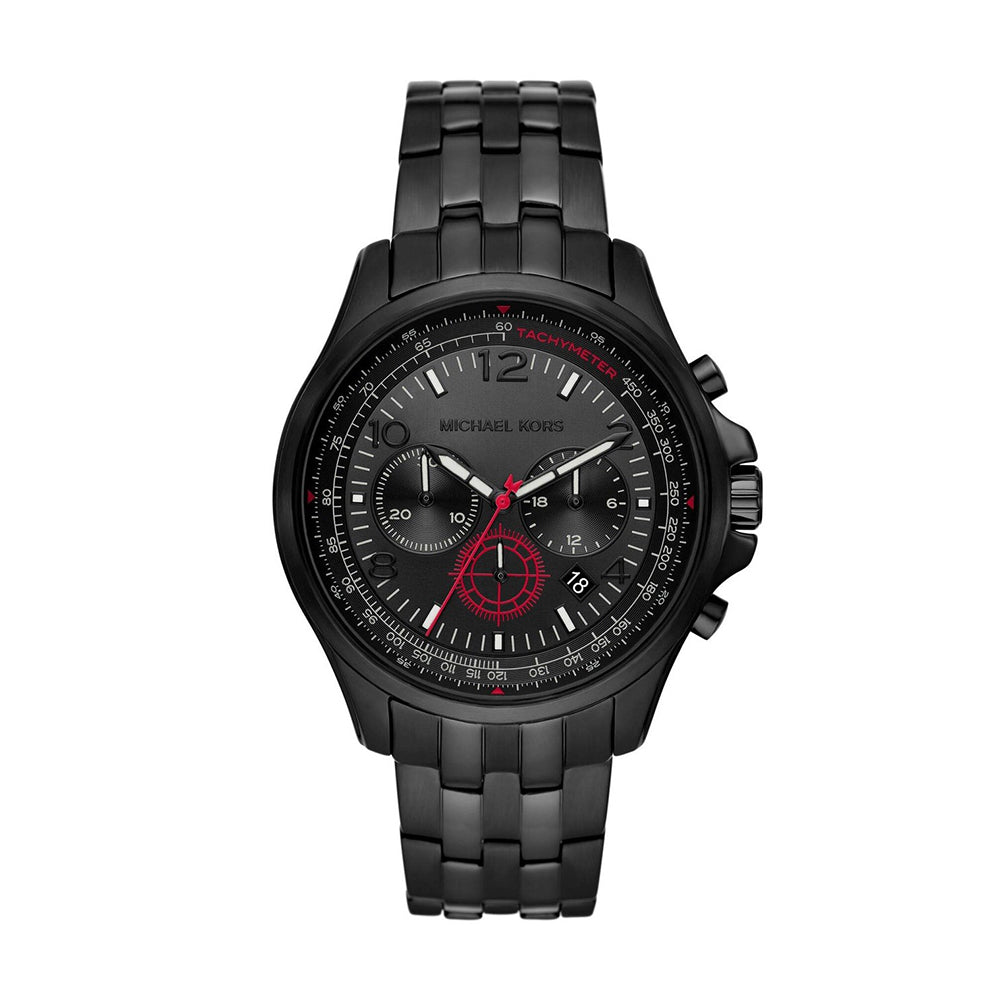 Michael Kors MK9127 black chronograph pilot watch with red accent subdials on black stainless steel bracelet