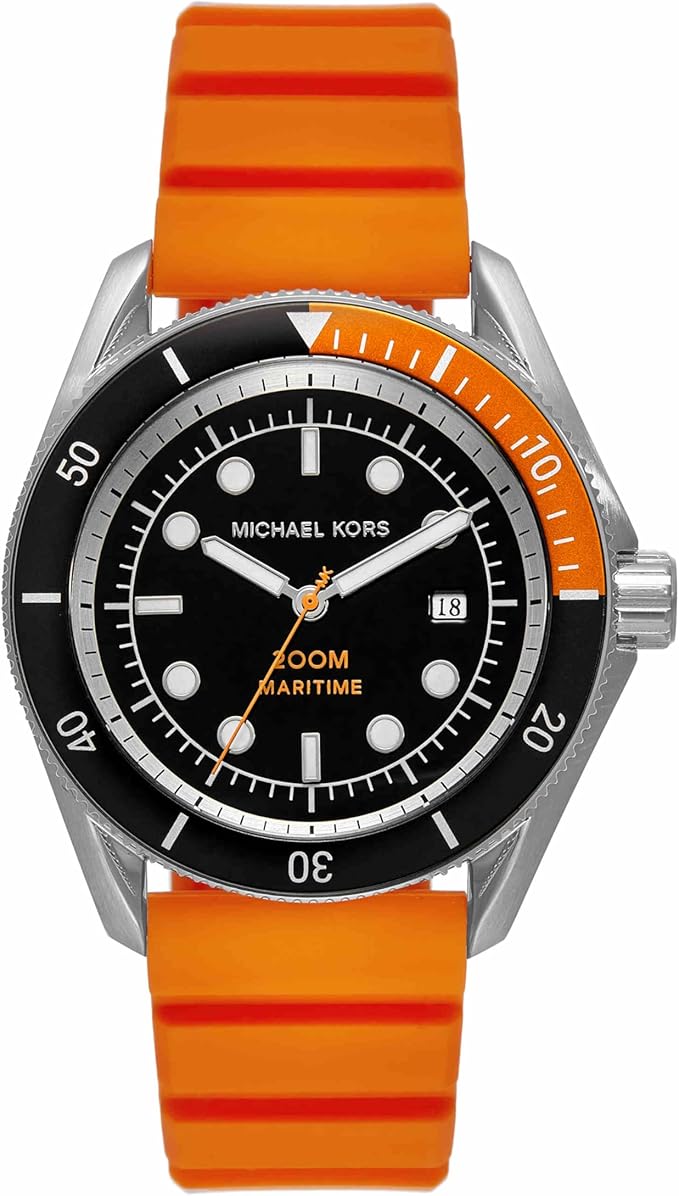 Michael Kors MK9157 watch with orange strap and black dial with orange bezel