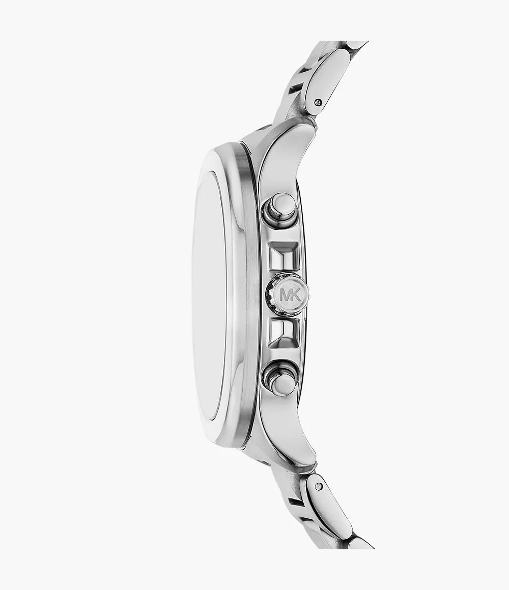 Side view of Michael Kors MK9191 silver chronograph watch showing round case profile