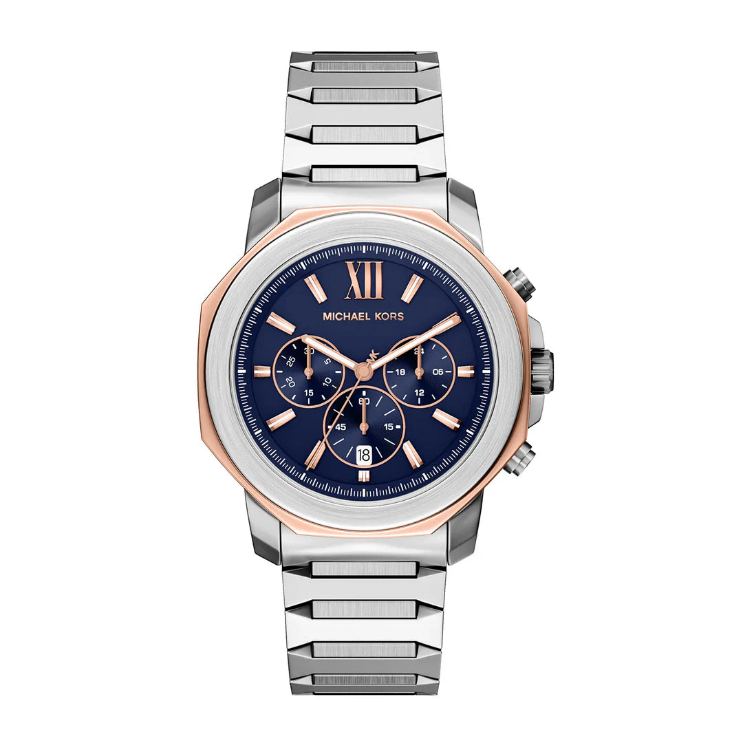Michael Kors Prescott MK9250 chronograph watch with two-tone steel case, navy dial, and steel bracelet