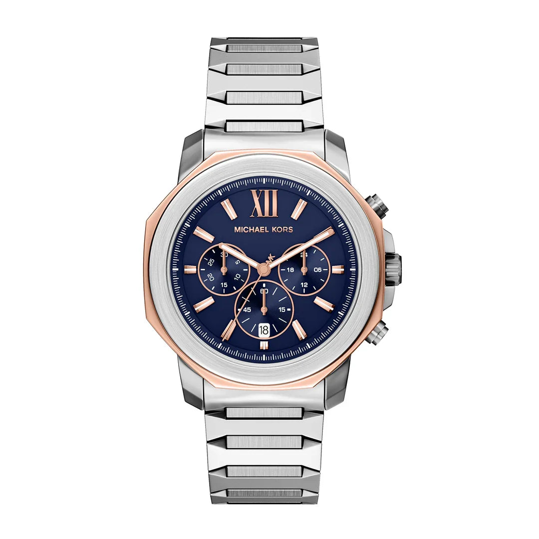 Michael Kors Prescott MK9250 chronograph watch with two-tone steel case, navy dial, and steel bracelet