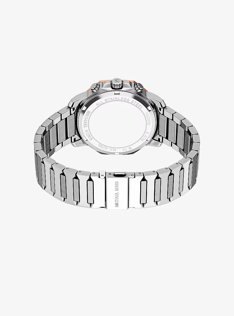 Michael Kors Prescott MK9250 caseback showing stainless steel bracelet and clasp