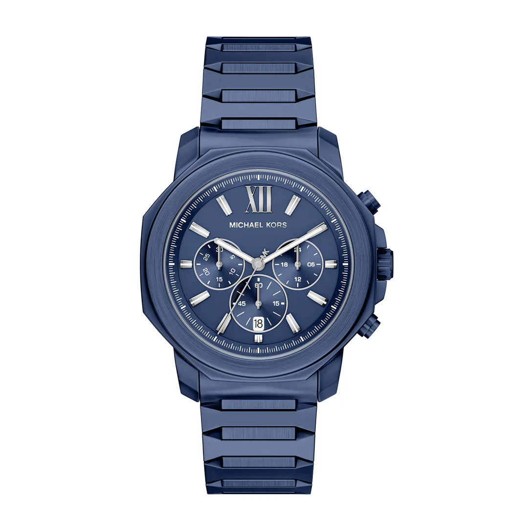 Michael Kors Prescott MK9251 blue chronograph watch with roman numeral dial and blue steel bracelet