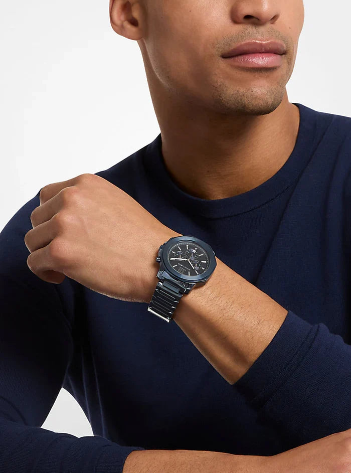 Michael Kors Prescott MK9251 blue chronograph watch worn on wrist