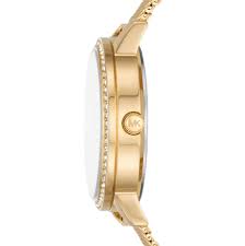 Michael Kors MKO1011 side profile showing bezel detail and gold-tone mesh strap