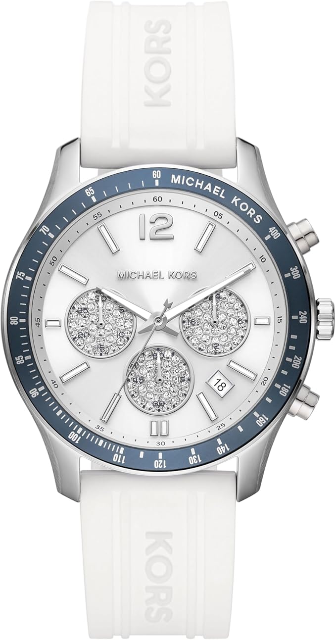 Michael Kors white women's chronograph watch with blue bezel and white silicone strap